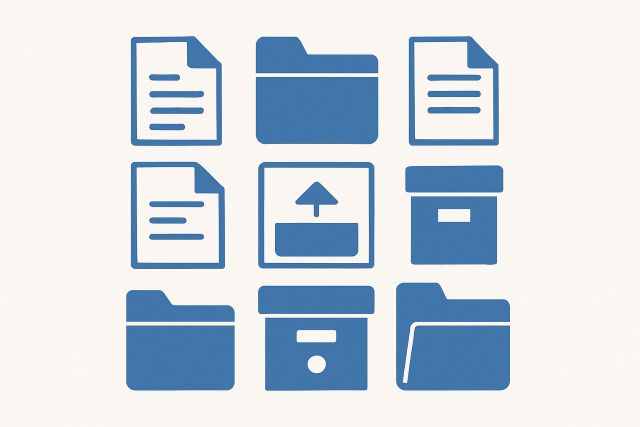 Illustration: abstract document management structures in an ordered grid.