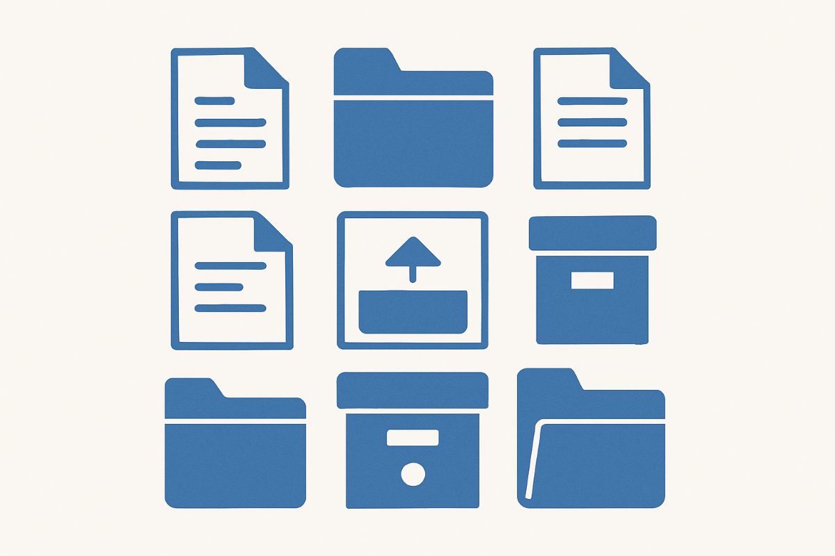 Illustration: abstract document management structures in an ordered grid.