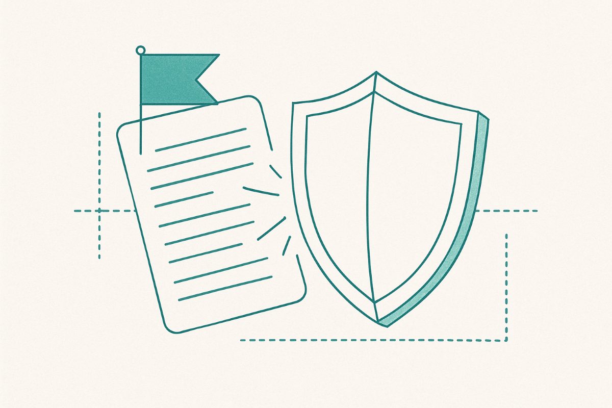 Illustration: a shield intercepting a flagged document.