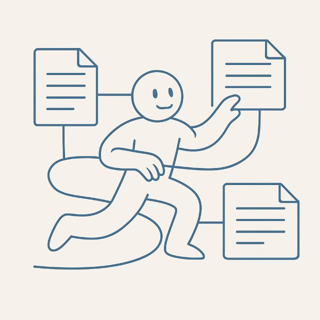 Illustration: an assistant glyph threading through document nodes.