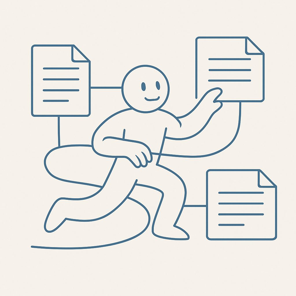 Illustration: an assistant glyph threading through document nodes.