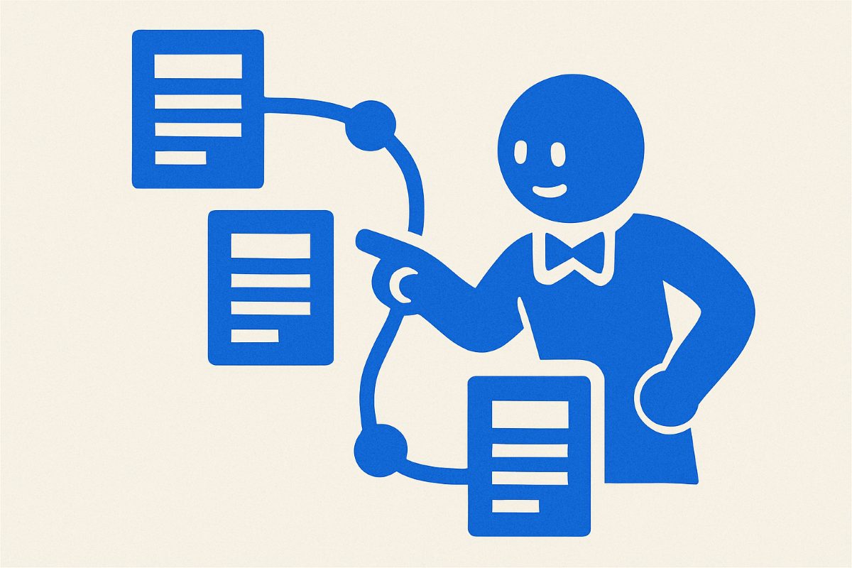 Illustration: an assistant glyph threading through document nodes.