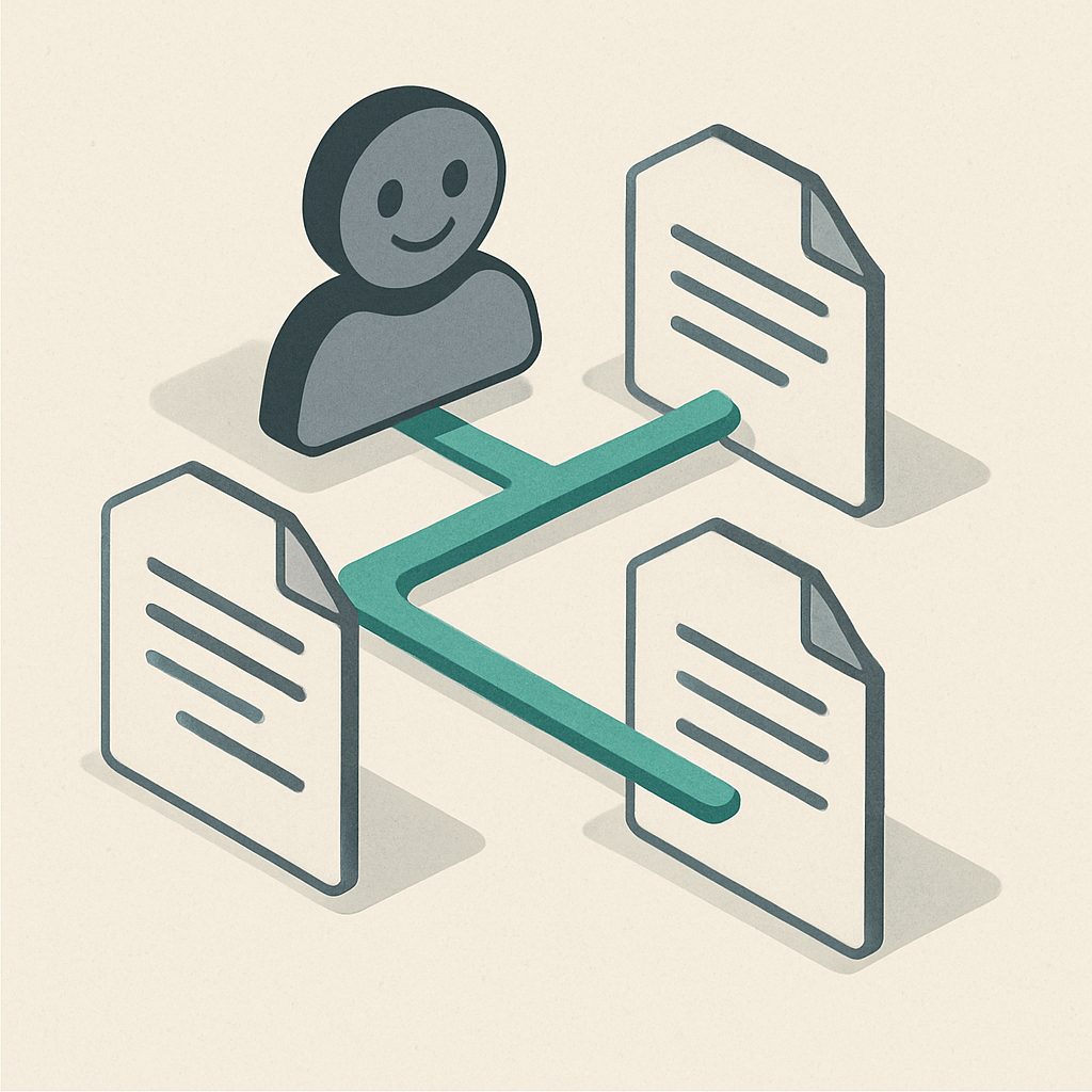 Illustration: an assistant glyph threading through document nodes.