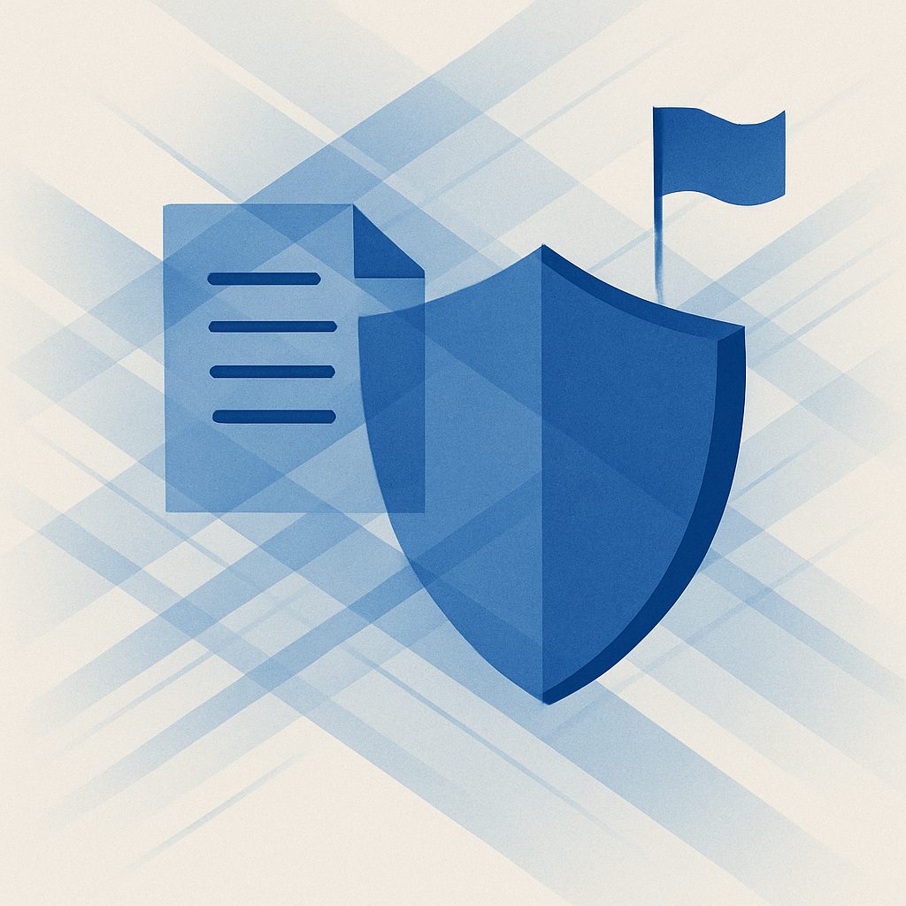 Illustration: a shield intercepting a flagged document.