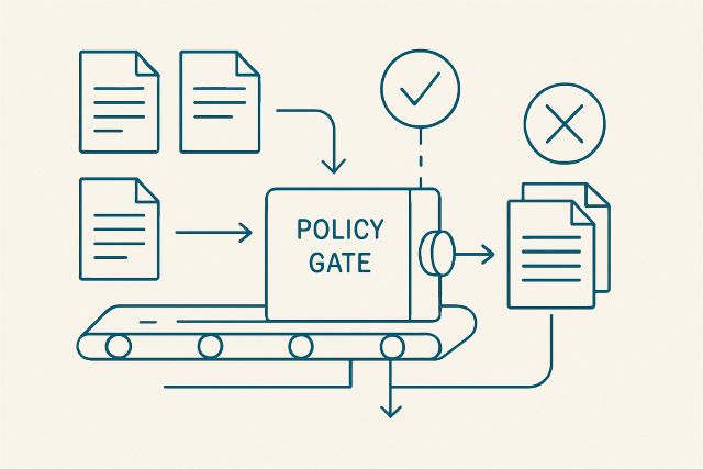Illustration: a policy gate sorting compliant and blocked items.