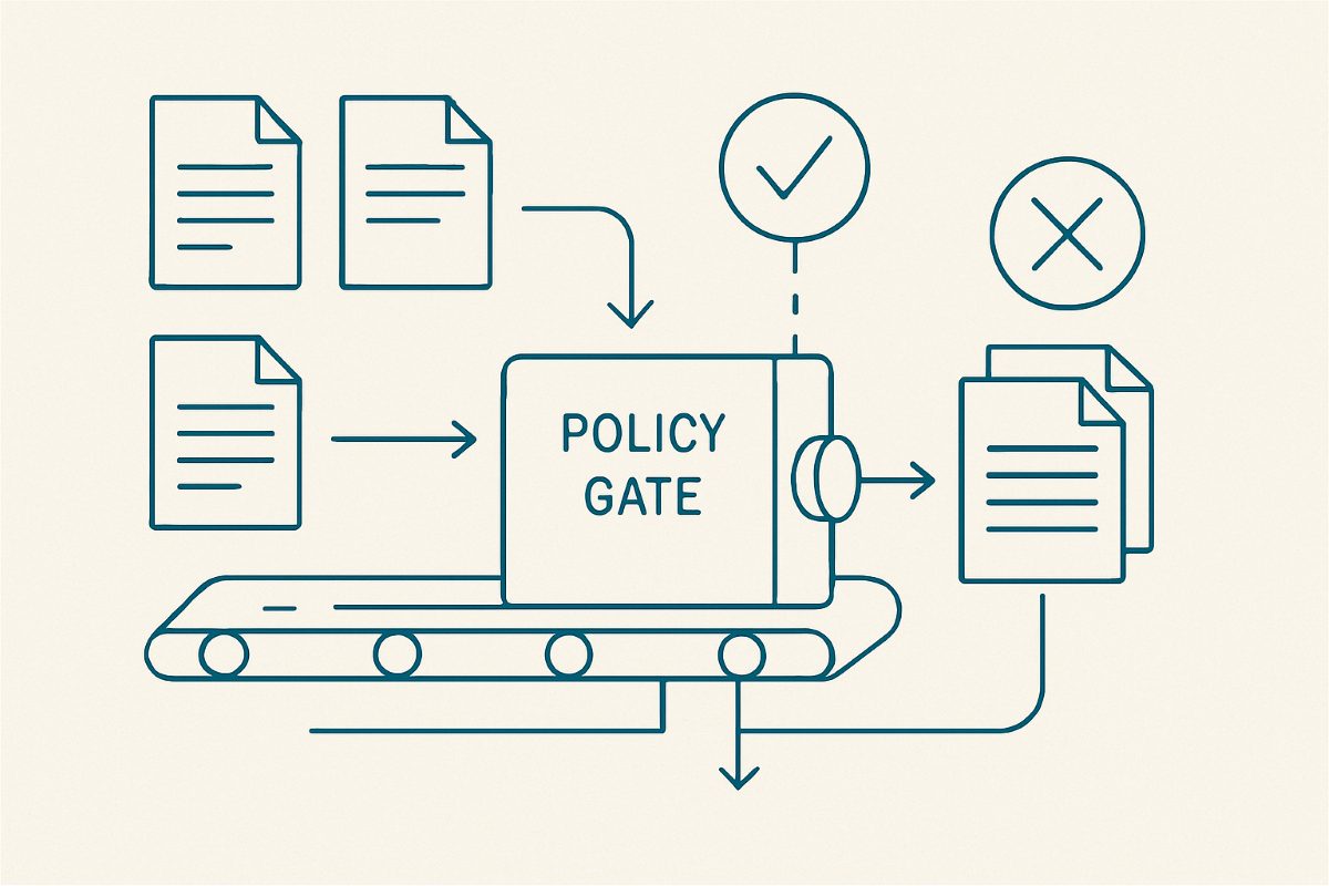 Illustration: a policy gate sorting compliant and blocked items.