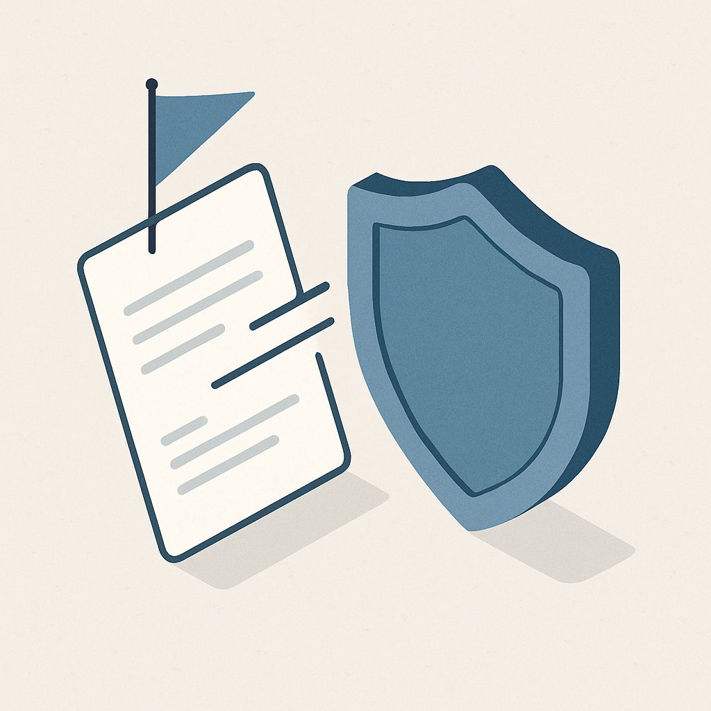 Illustration: a shield intercepting a flagged document.
