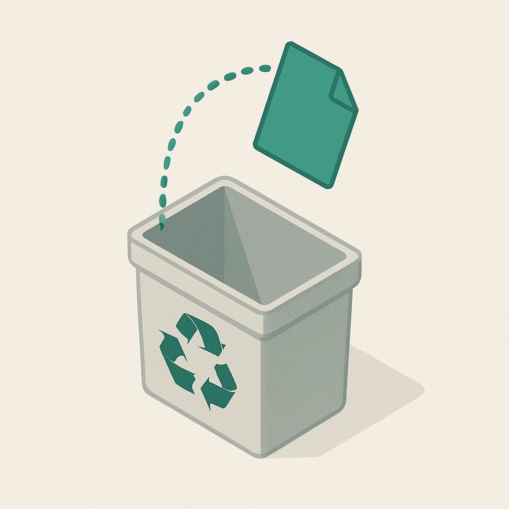 Illustration: an item being lifted back out of a bin along an arc.