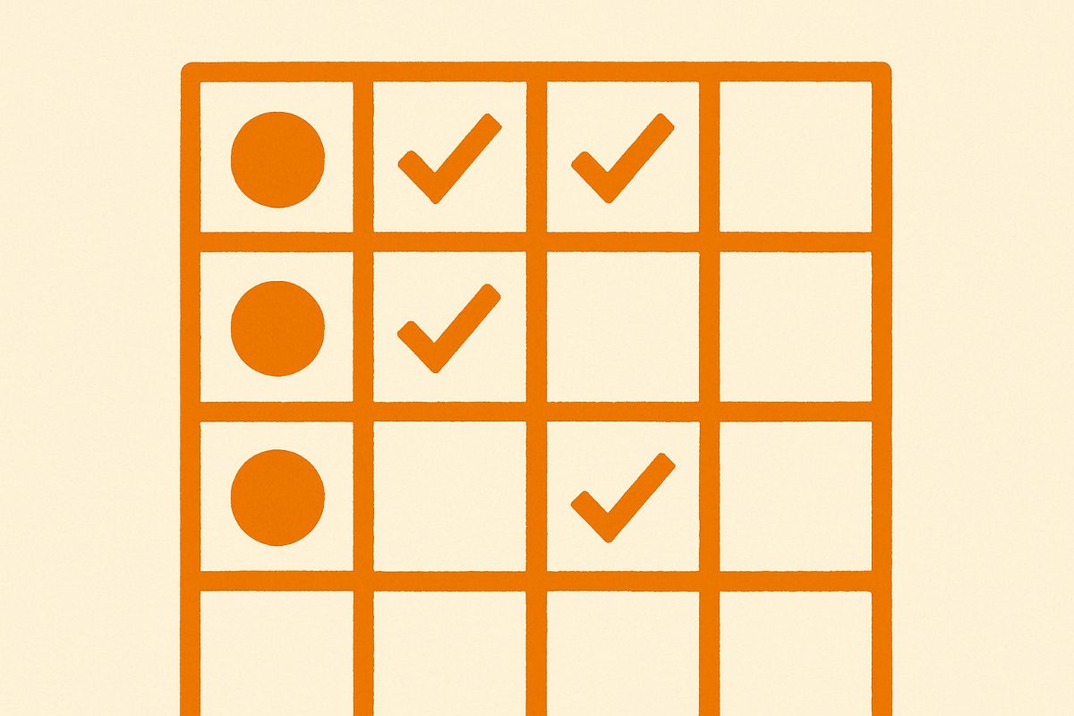 Illustration: a permissions matrix of filled and empty cells.