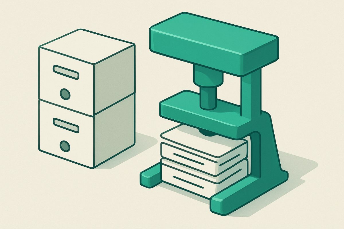 Illustration: oversized storage volumes being compacted down.