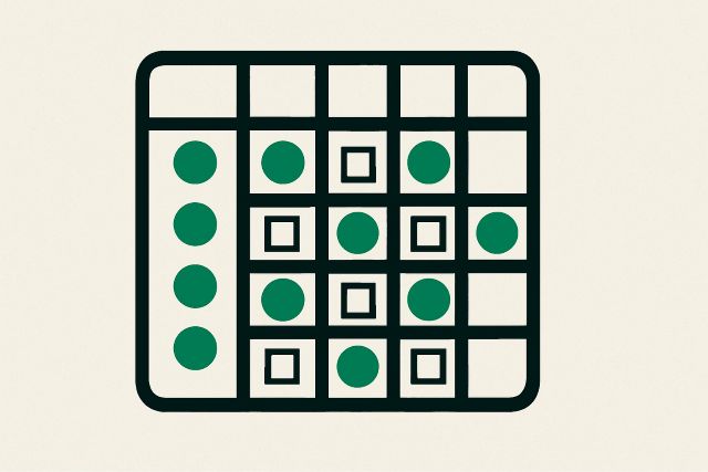 Illustration: a permissions matrix of filled and empty cells.