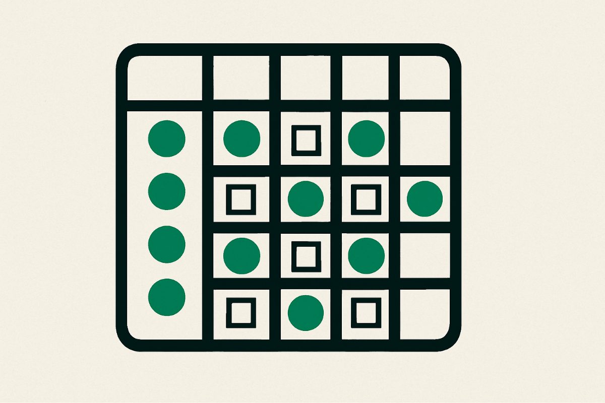 Illustration: a permissions matrix of filled and empty cells.