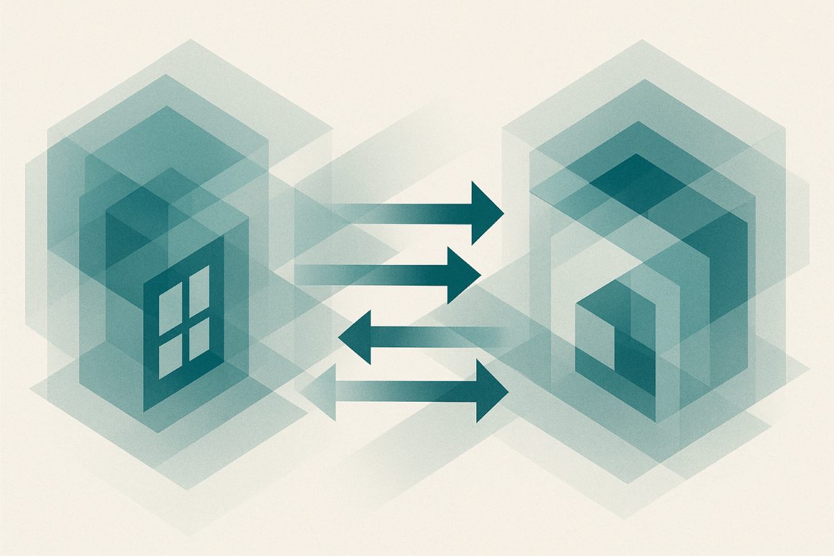 Illustration: two site structures side by side with items in transit between them.