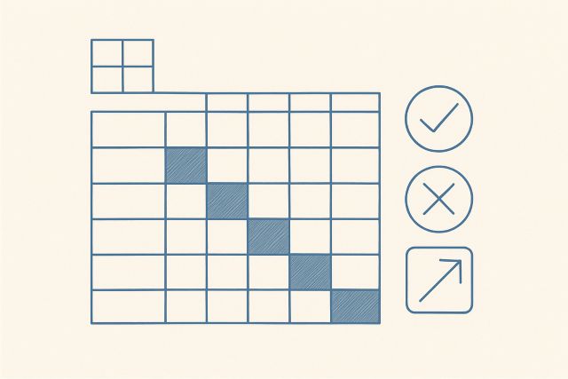 Illustration: a permissions matrix of filled and empty cells.