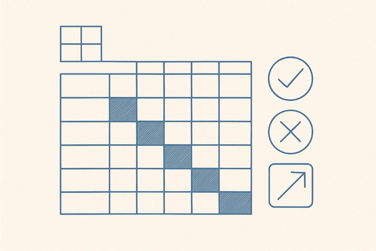 Illustration: a permissions matrix of filled and empty cells.