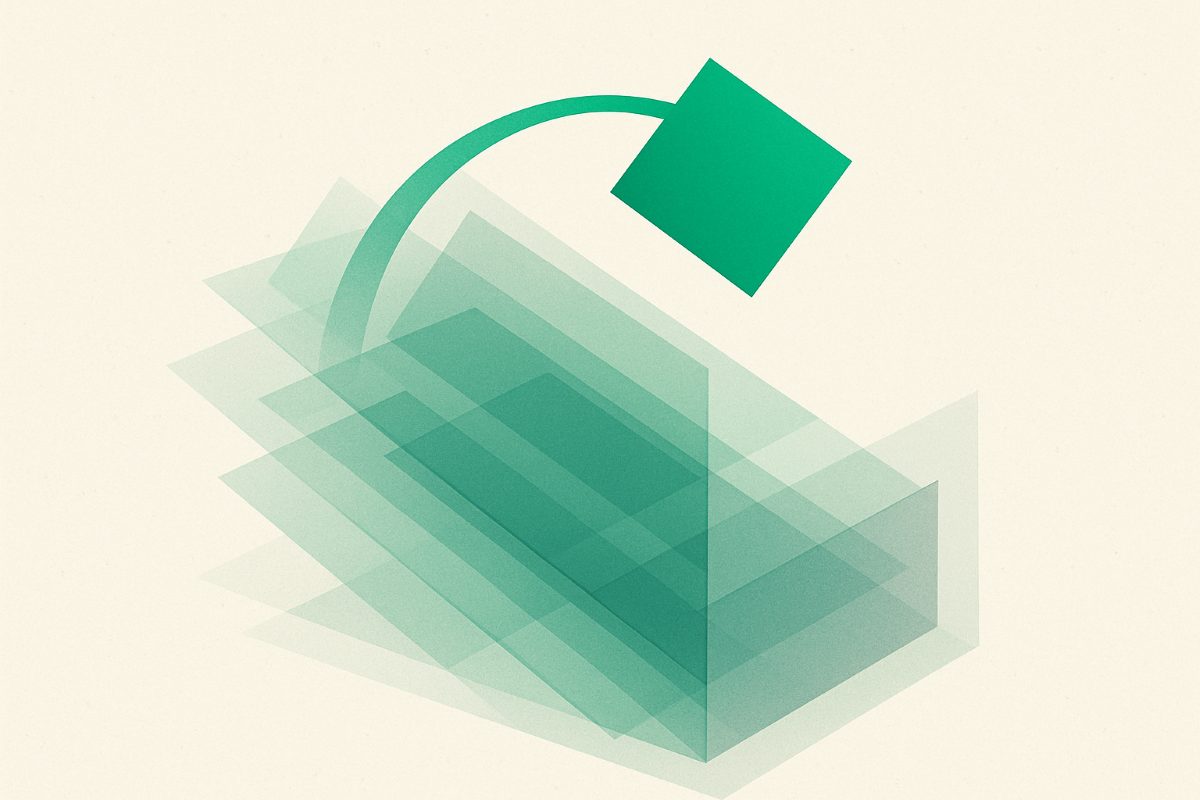 Illustration: an item being lifted back out of a bin along an arc.
