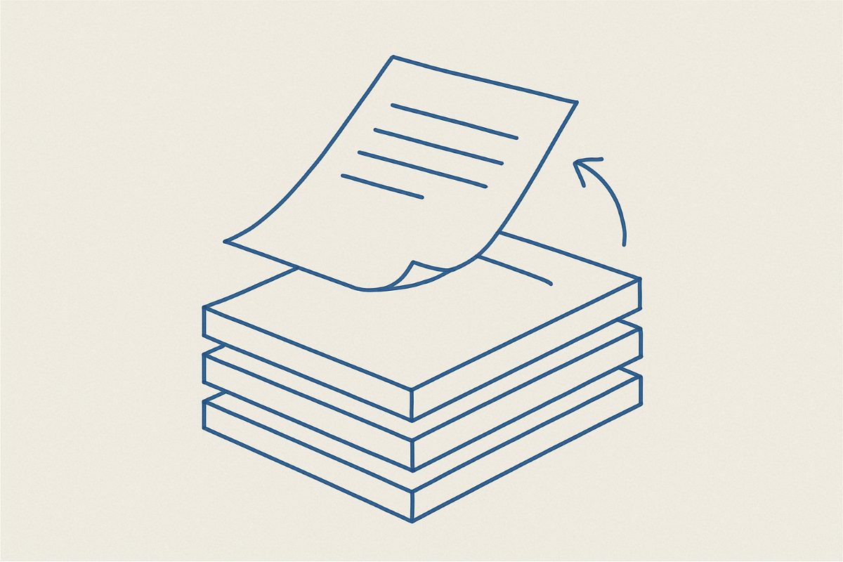 Illustration: a stack of layered document versions with one sheet lifted clear.