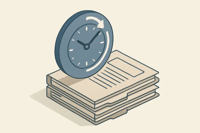 Illustration: a retention clock over a stack of archived items.