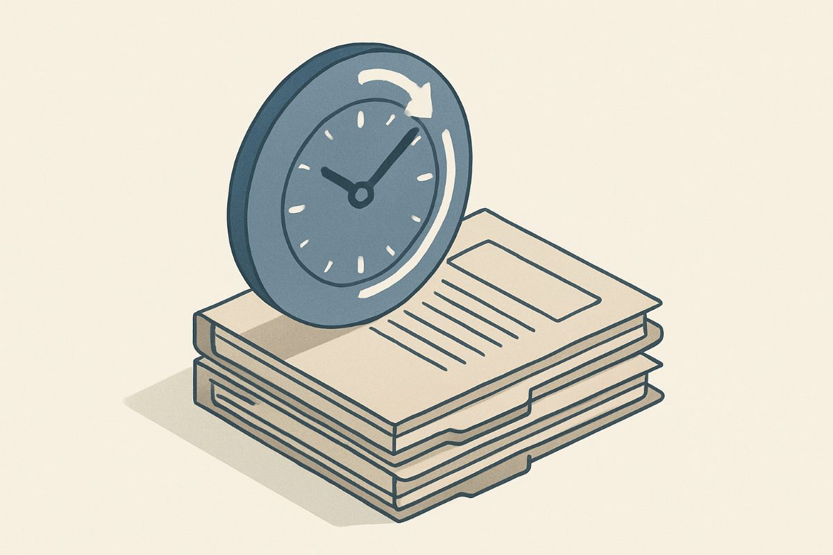 Illustration: a retention clock over a stack of archived items.