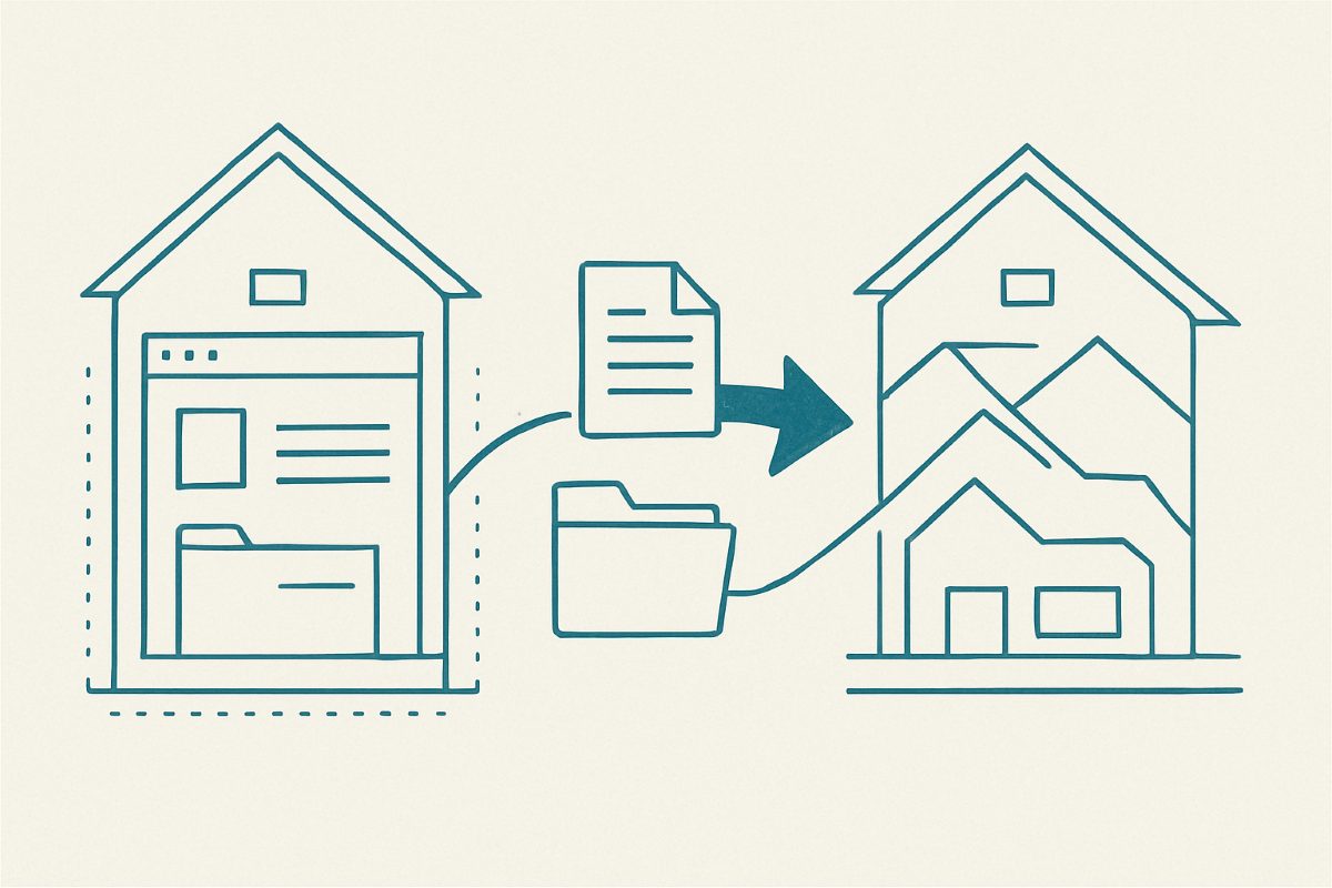 Illustration: two site structures side by side with items in transit between them.