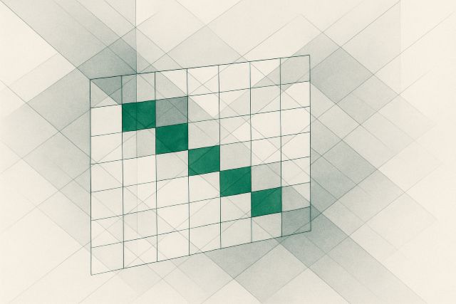 Illustration: a permissions matrix of filled and empty cells.