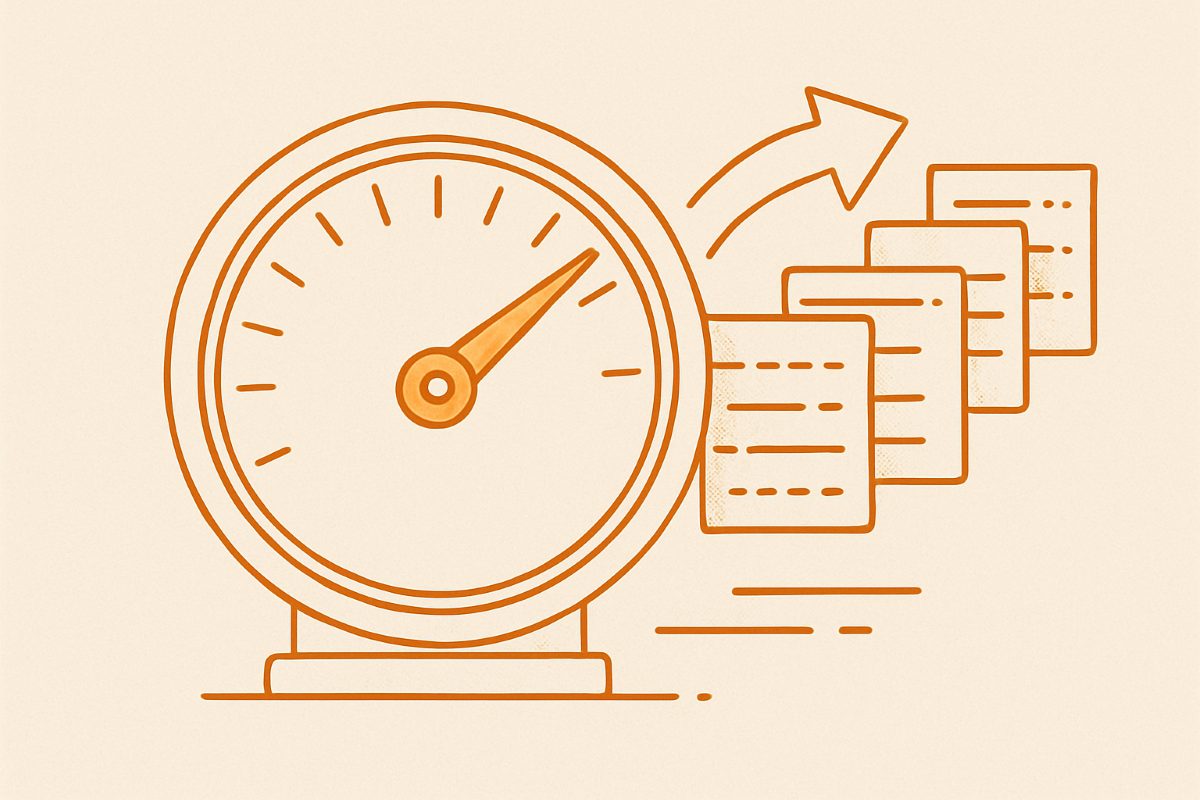 Illustration: a dial pinned at its maximum with overflow items queued.