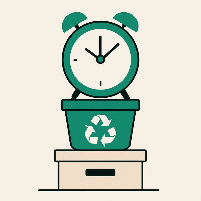 Illustration: a retention clock over a stack of archived items.