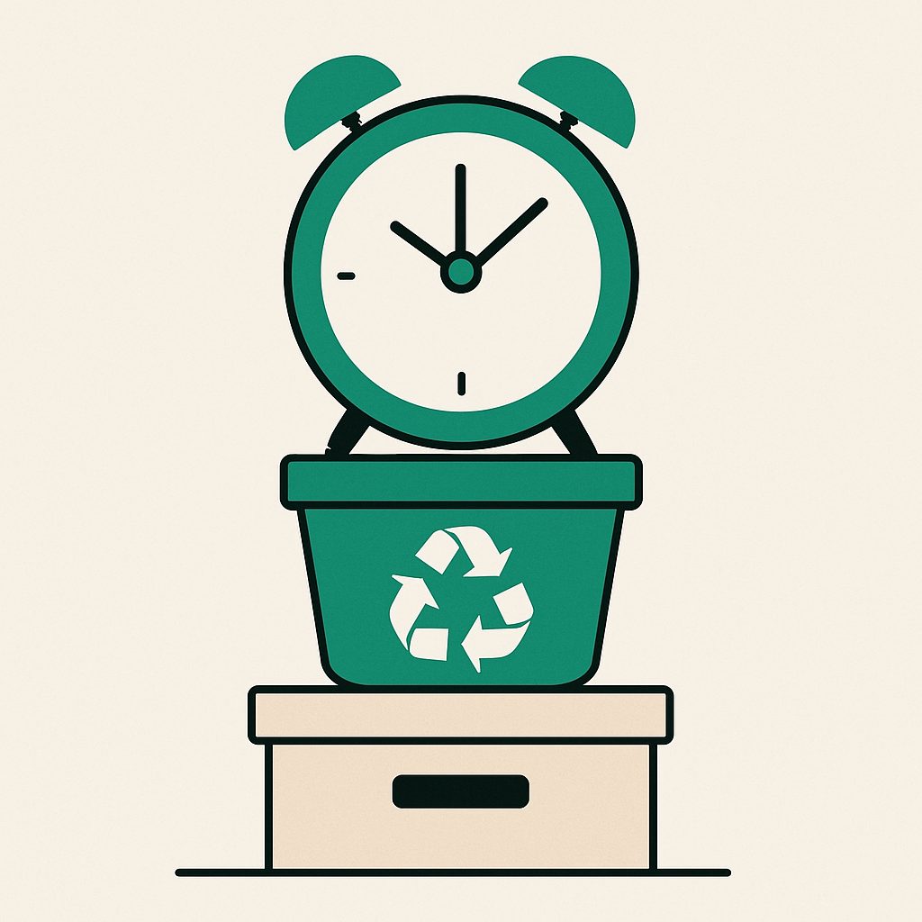 Illustration: a retention clock over a stack of archived items.