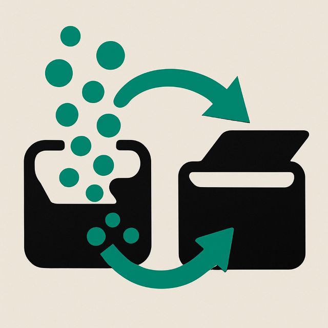 Illustration: content flowing between two distinct containers along a guided path.