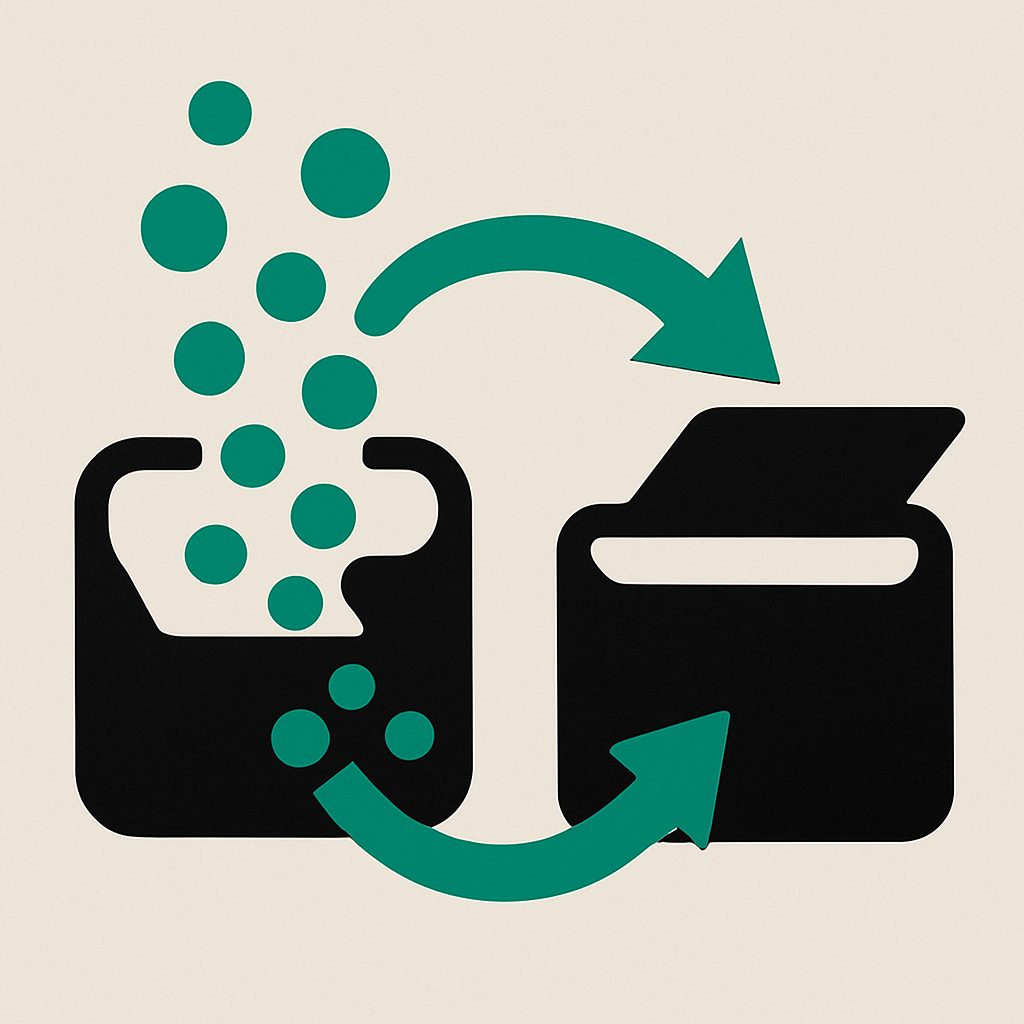 Illustration: content flowing between two distinct containers along a guided path.