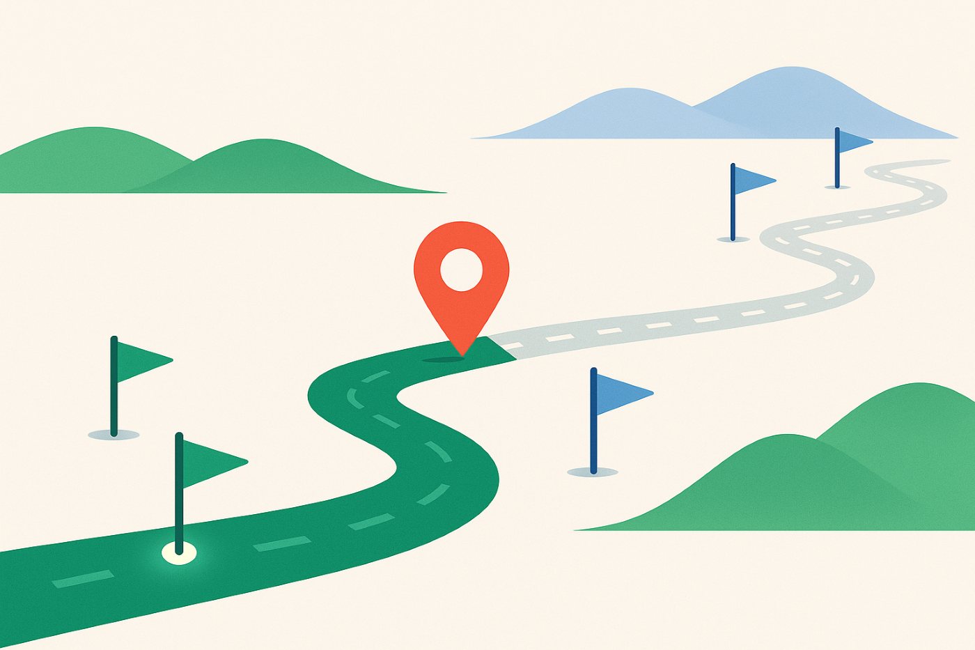 Illustration of a road with completed milestones on the first half, a marker at the midpoint and the rest of the road still ahead
