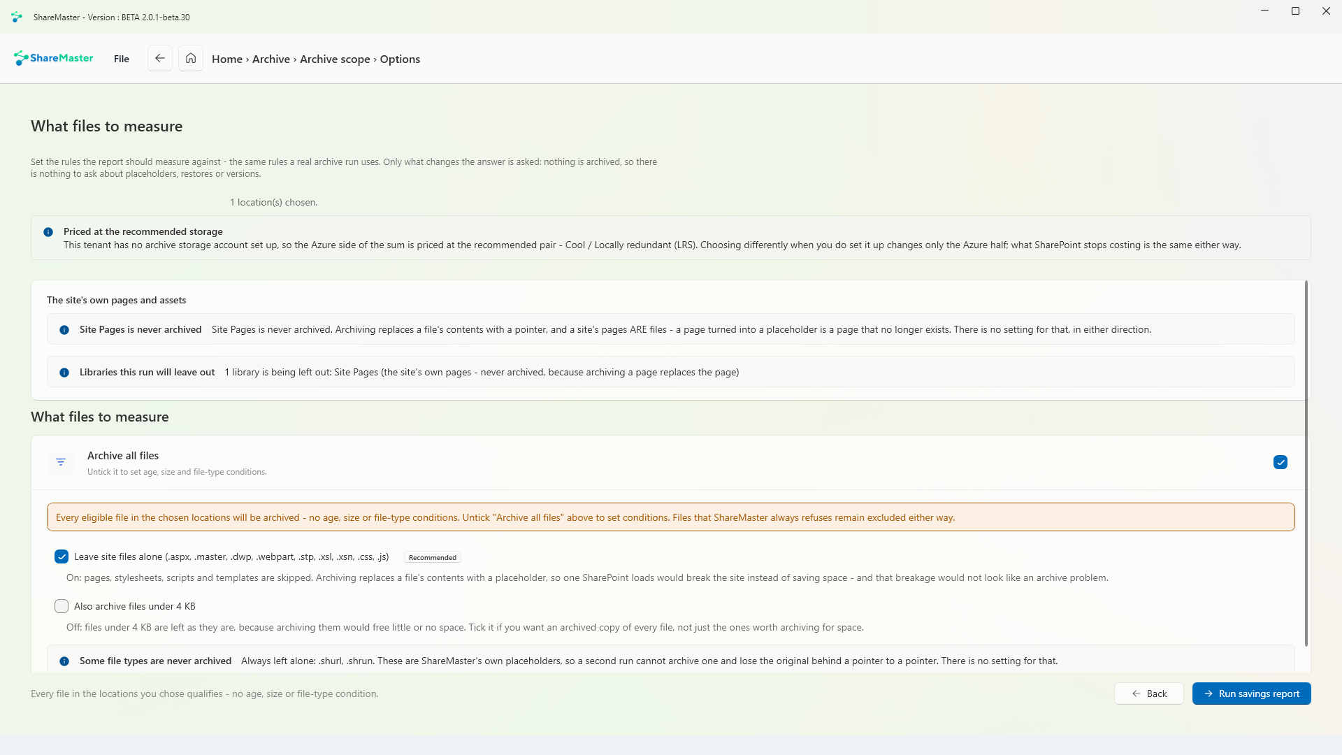 Archive Savings Report options: the same rules an archive run uses, priced at the recommended Azure storage tier