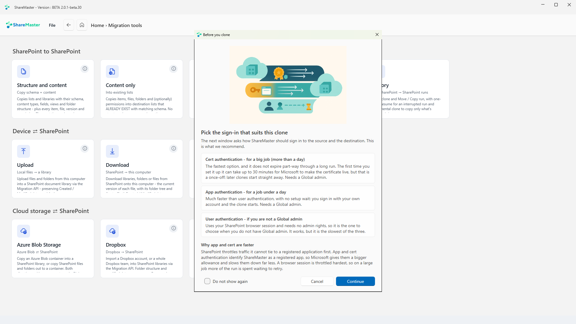 ShareMaster's Before you clone panel explaining which sign-in suits a clone: certificate, app or user authentication