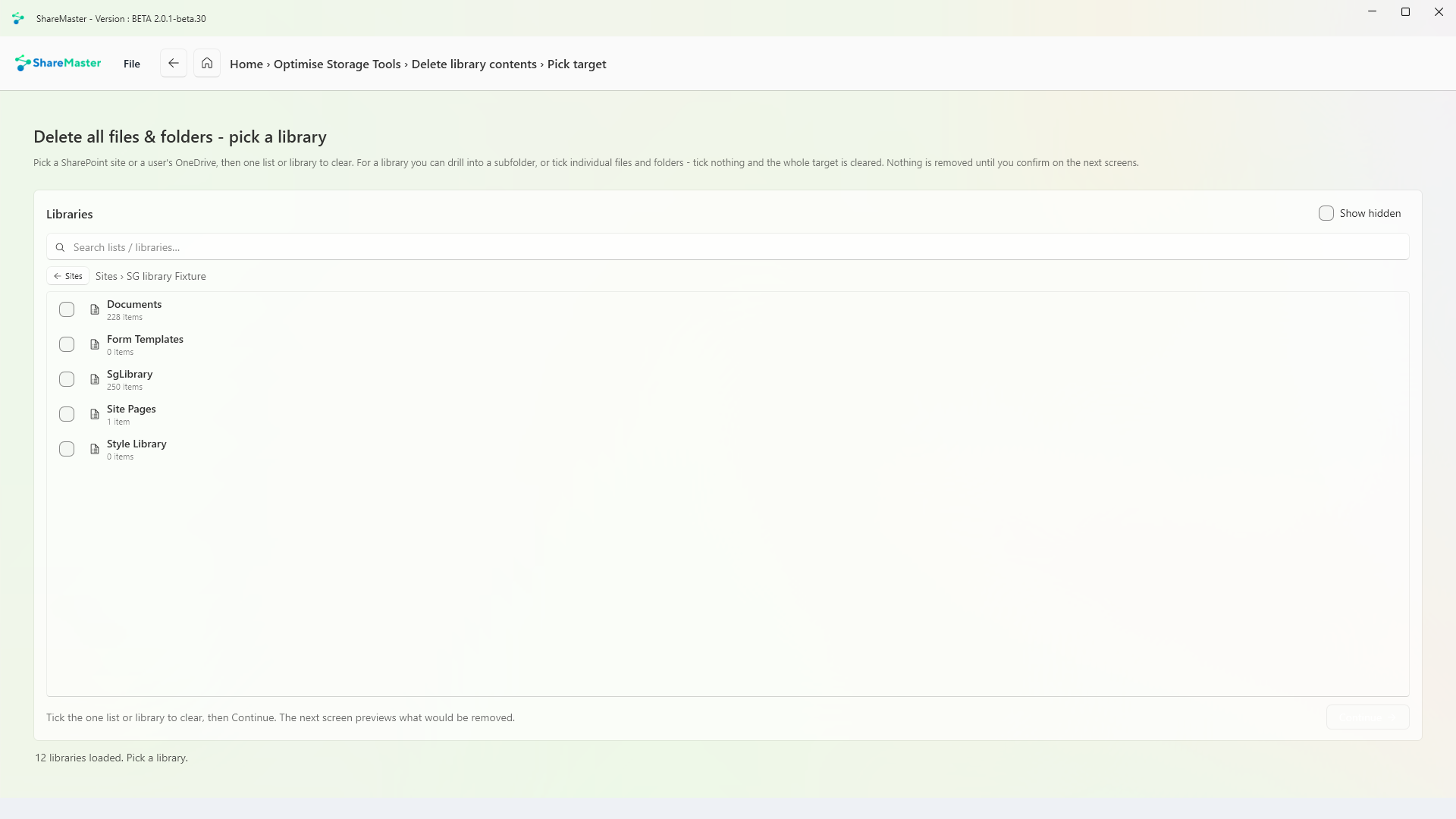 Delete all files and folders in a library: picking the library on the chosen site