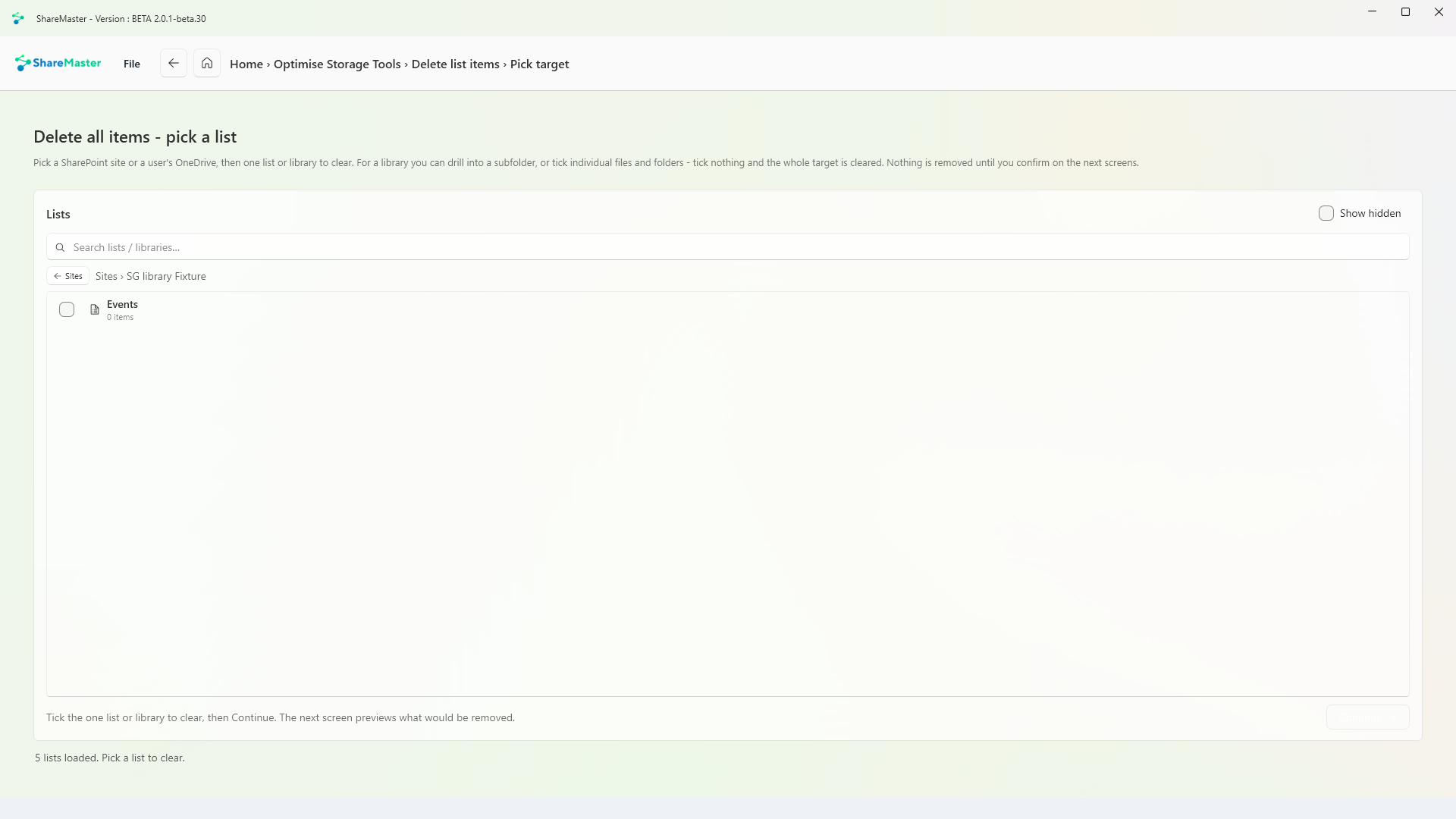 Delete all items in a list: picking the list on the chosen site