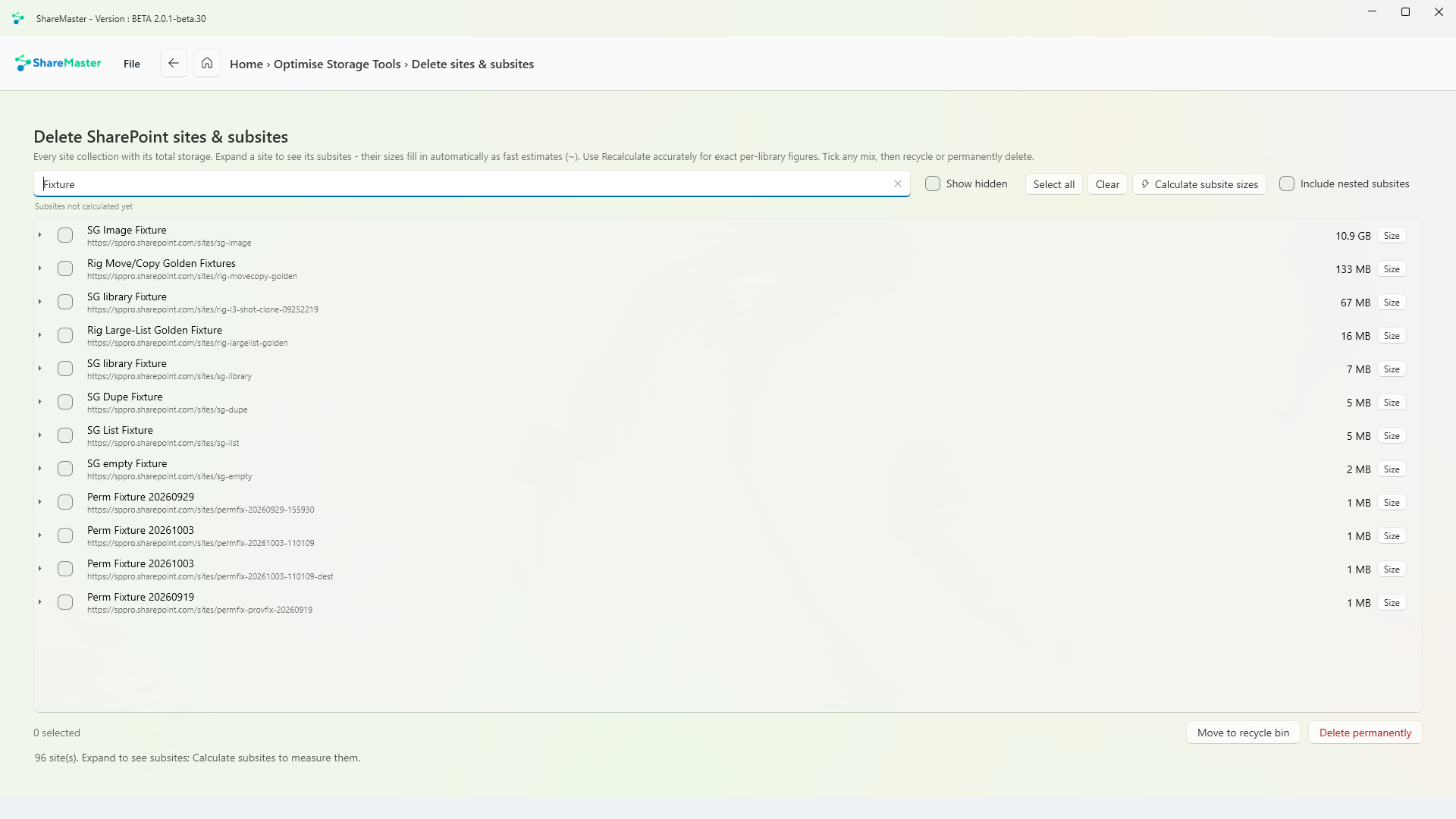 Delete sites and subsites: a table of SharePoint sites with their storage, ready to recycle or permanently delete