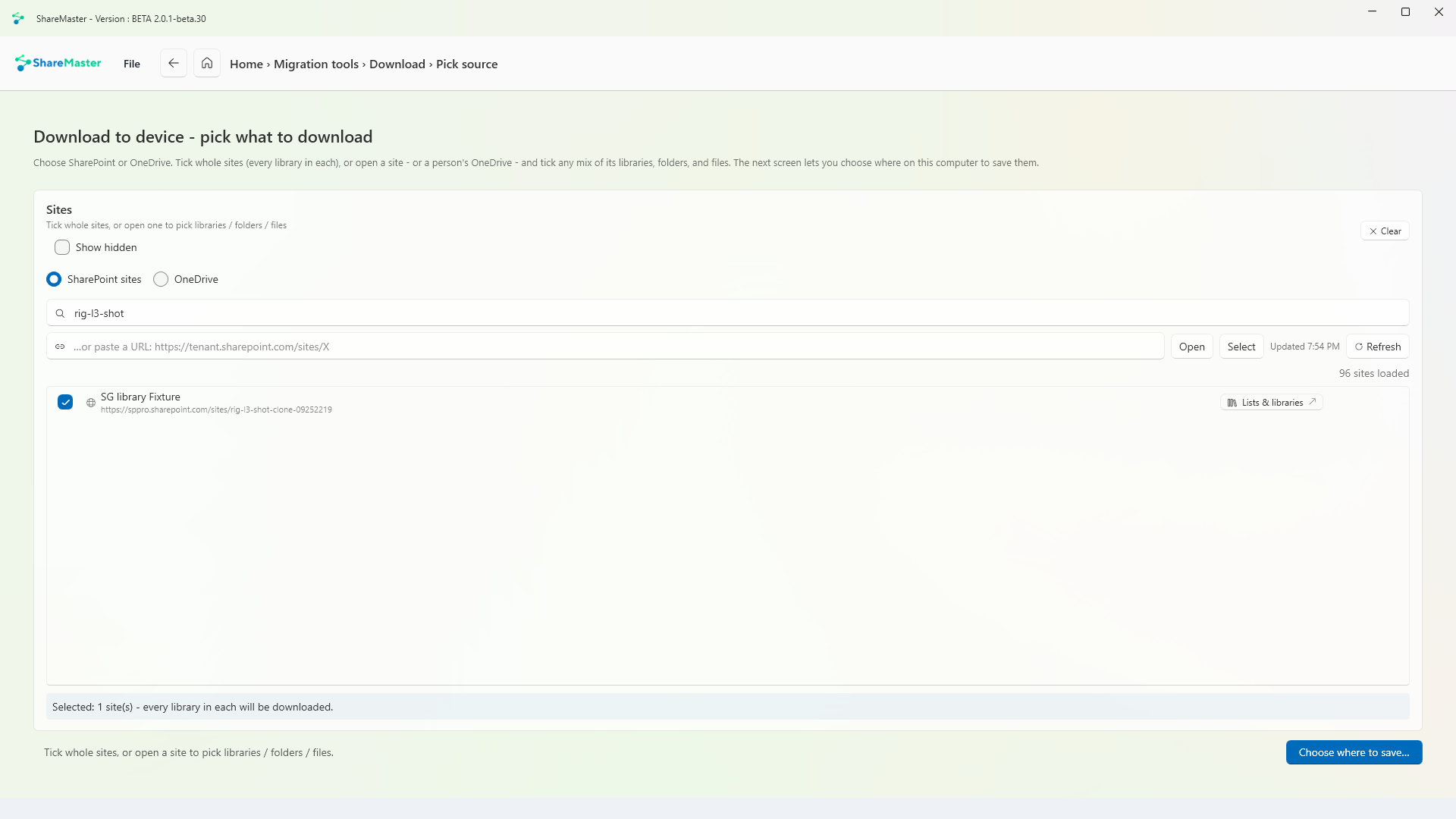 Download to device: picking a SharePoint site whose libraries, folders or files to download to this PC