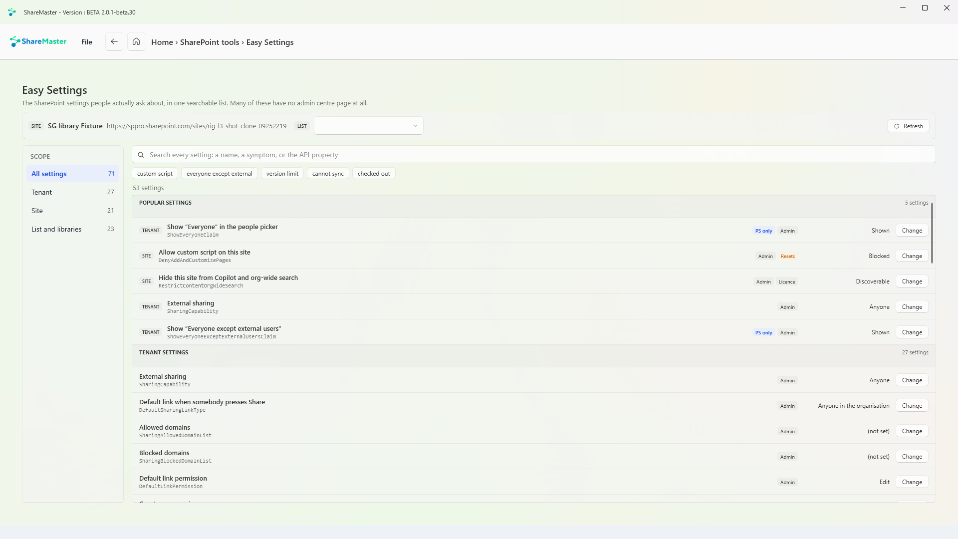 Easy Settings listing SharePoint tenant and site settings with their current values and a Change button