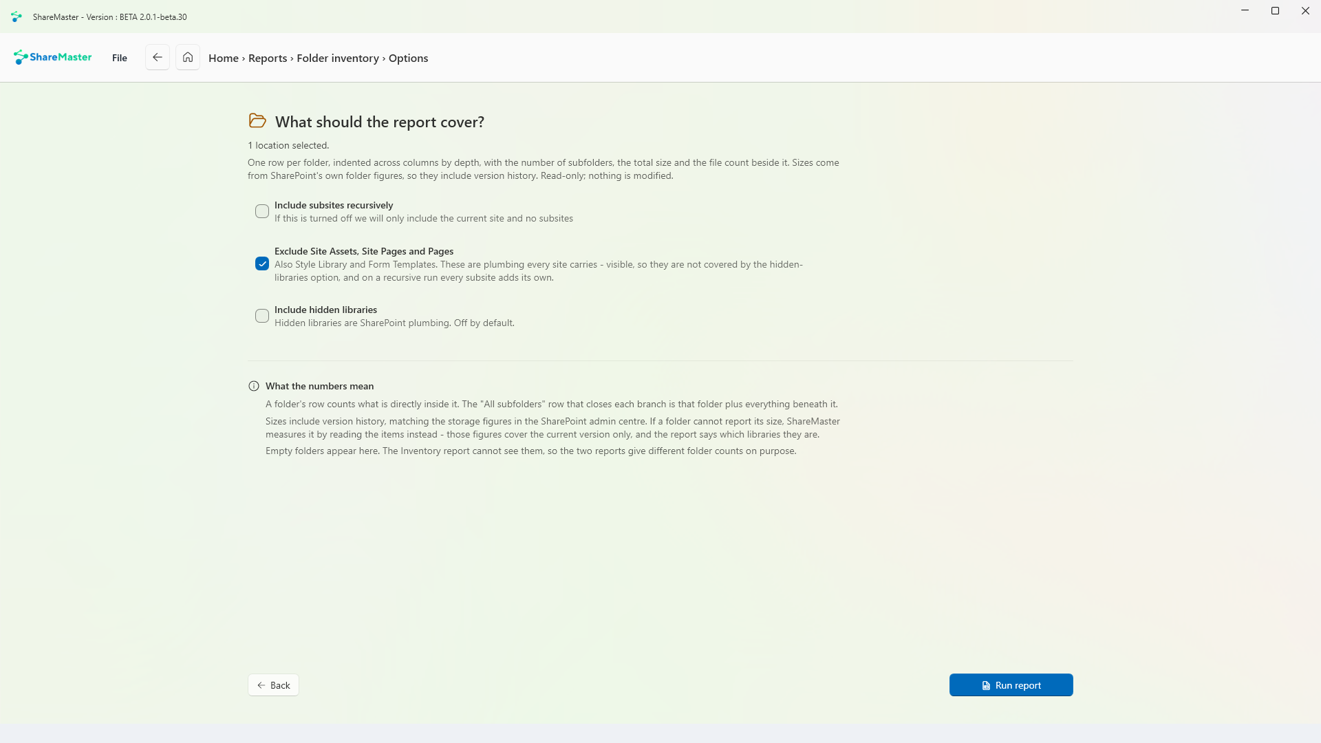 Folder inventory options: include subsites, exclude site plumbing libraries, include hidden libraries, and what the numbers mean