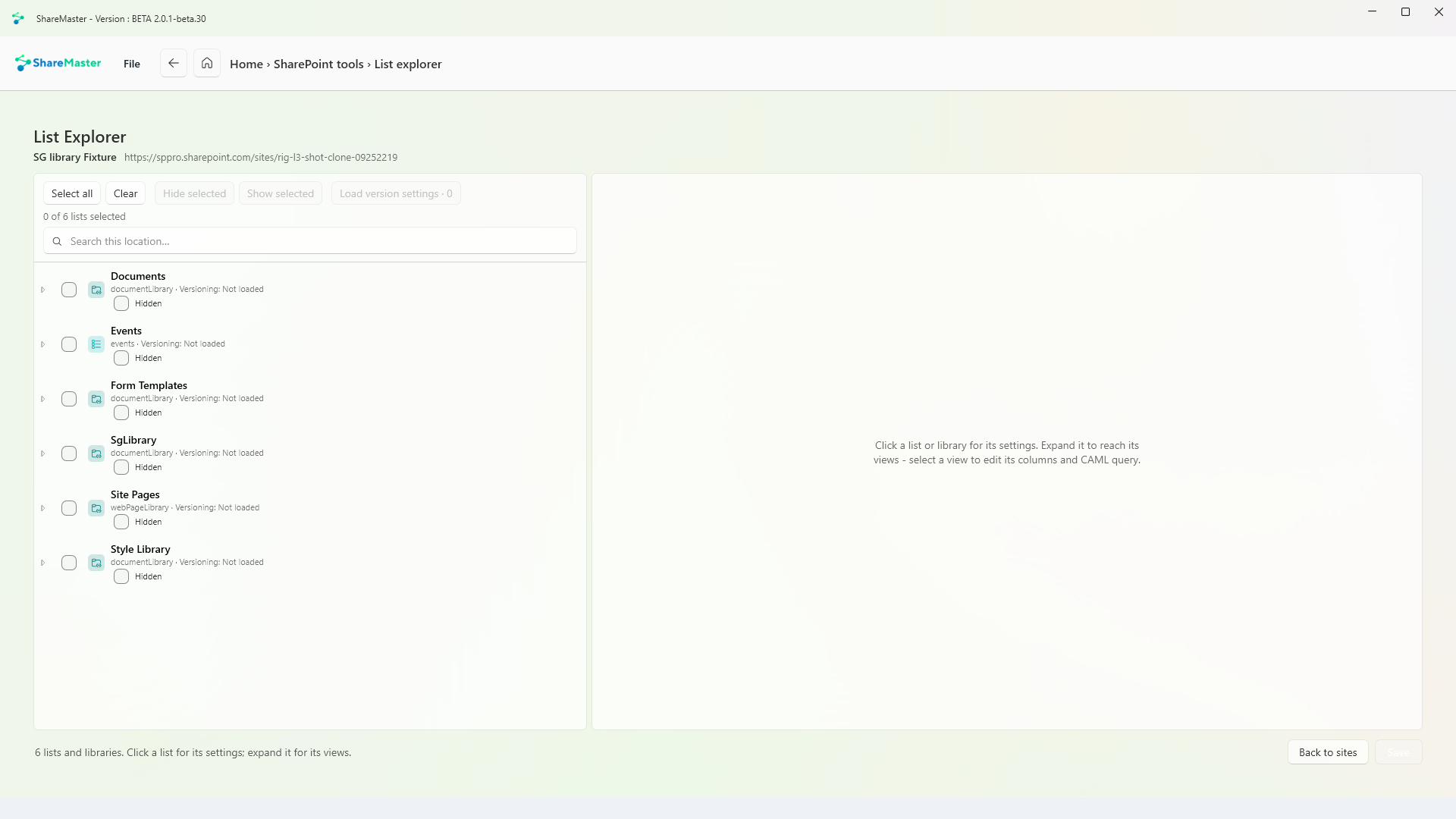 List Explorer showing every list and library on a site with its type, versioning and hidden state