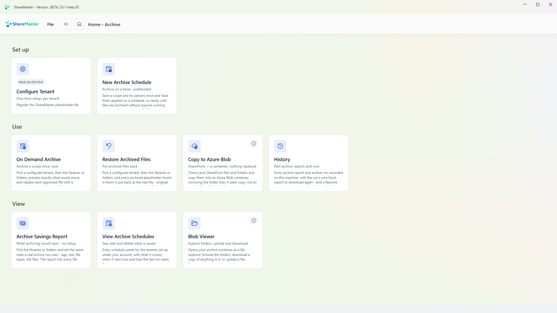 The Archive menu in ShareMaster, with a tile for each tool