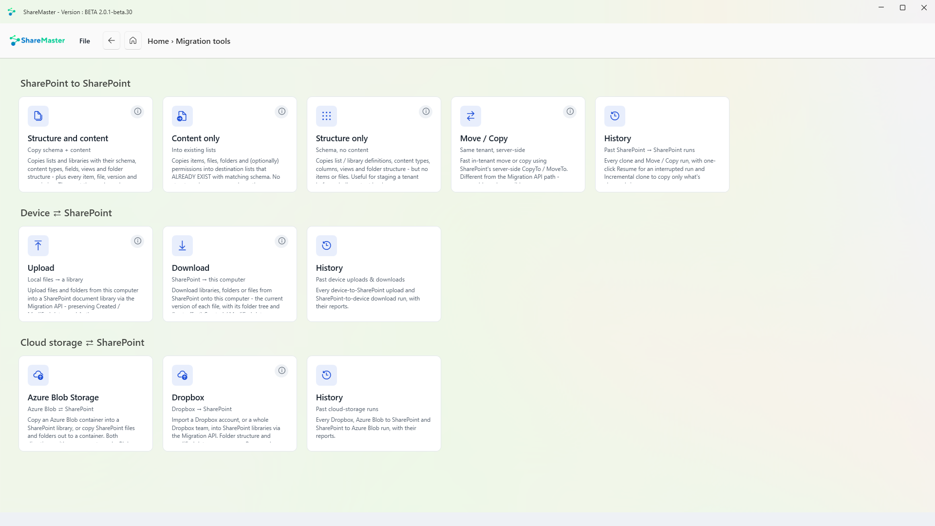 The Migration Tools menu in ShareMaster, with a tile for each tool