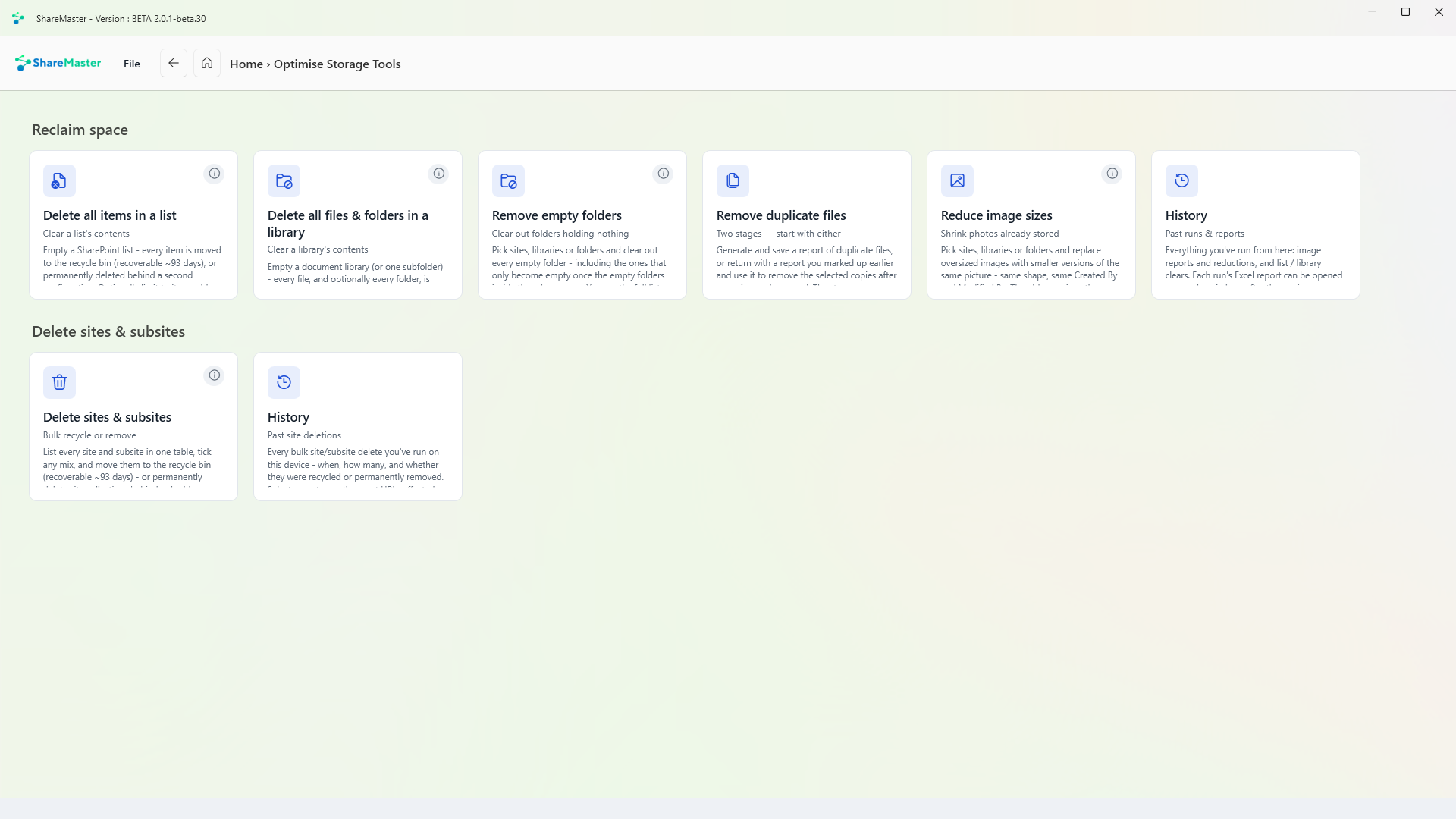 The Optimise Storage Tools menu in ShareMaster, with a tile for each tool