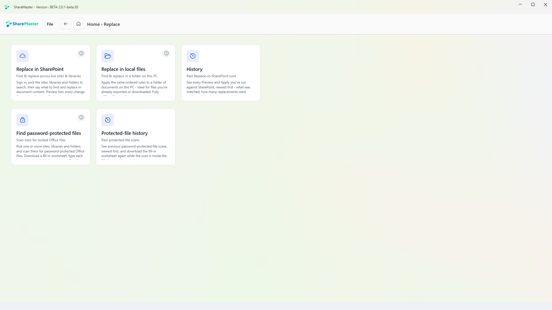 The Replace menu in ShareMaster, with a tile for each tool