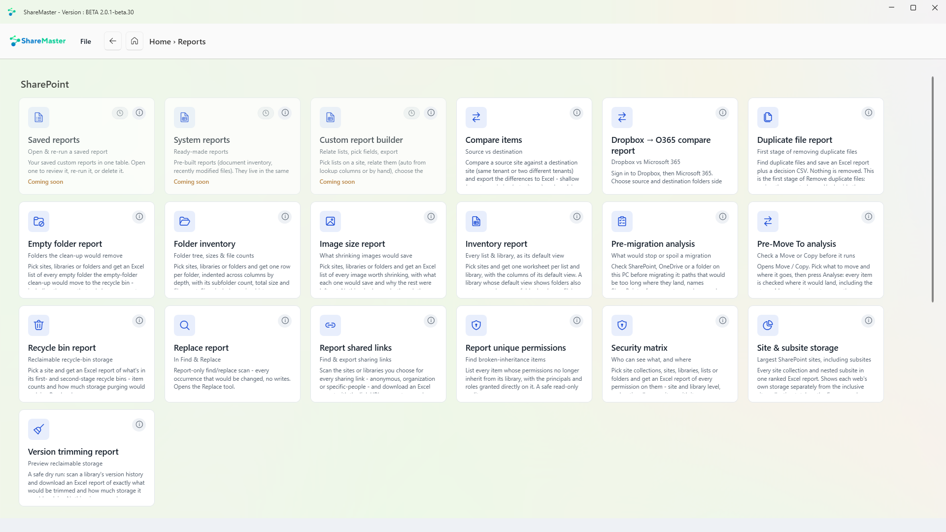 The Reports menu in ShareMaster, with a tile for each tool