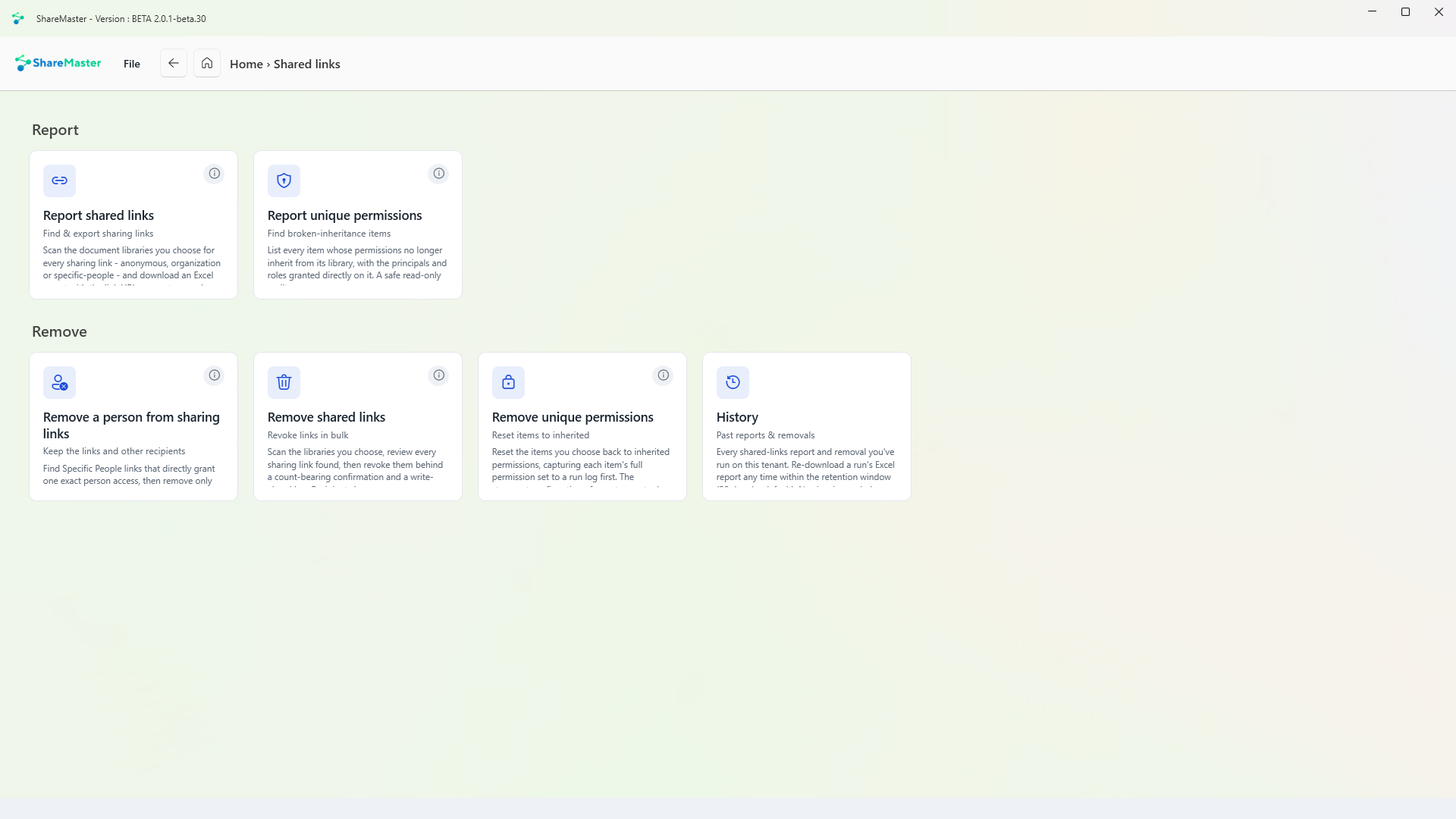 The Shared Links menu in ShareMaster, with a tile for each tool