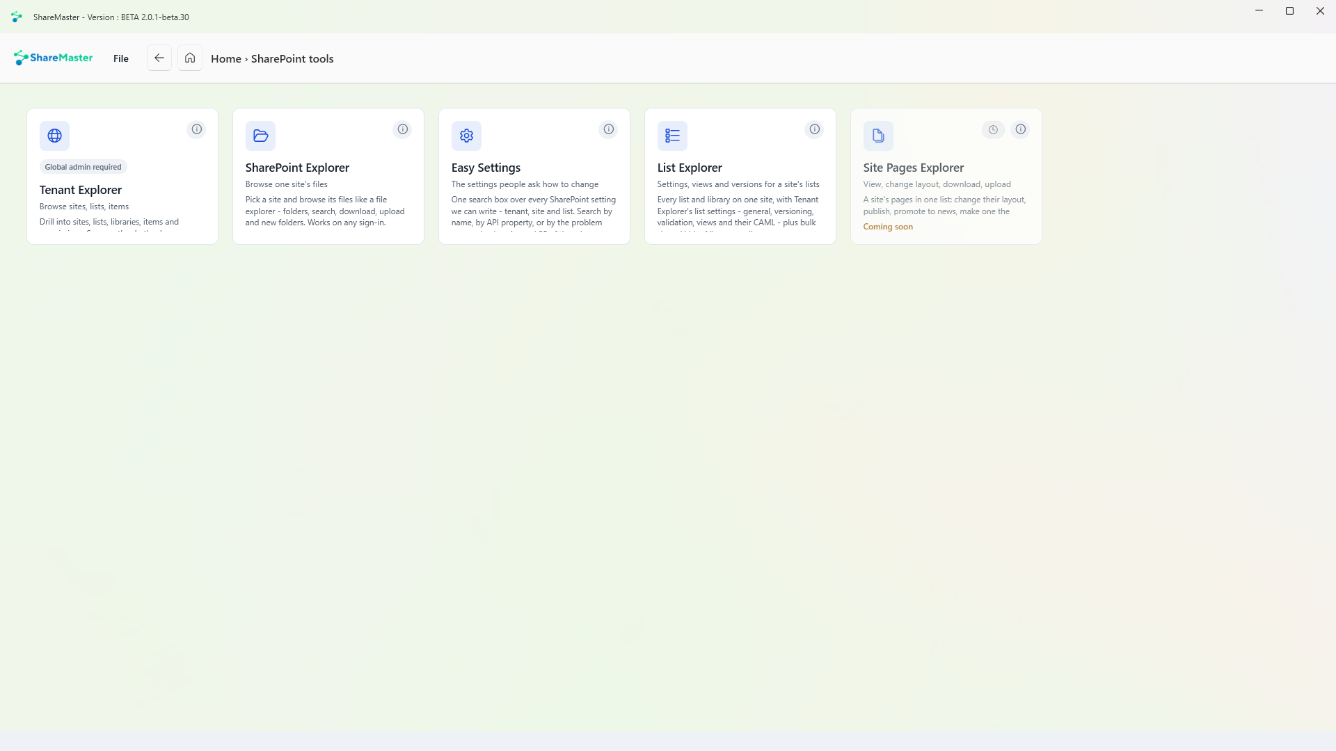 The SharePoint Tools menu in ShareMaster, with a tile for each tool