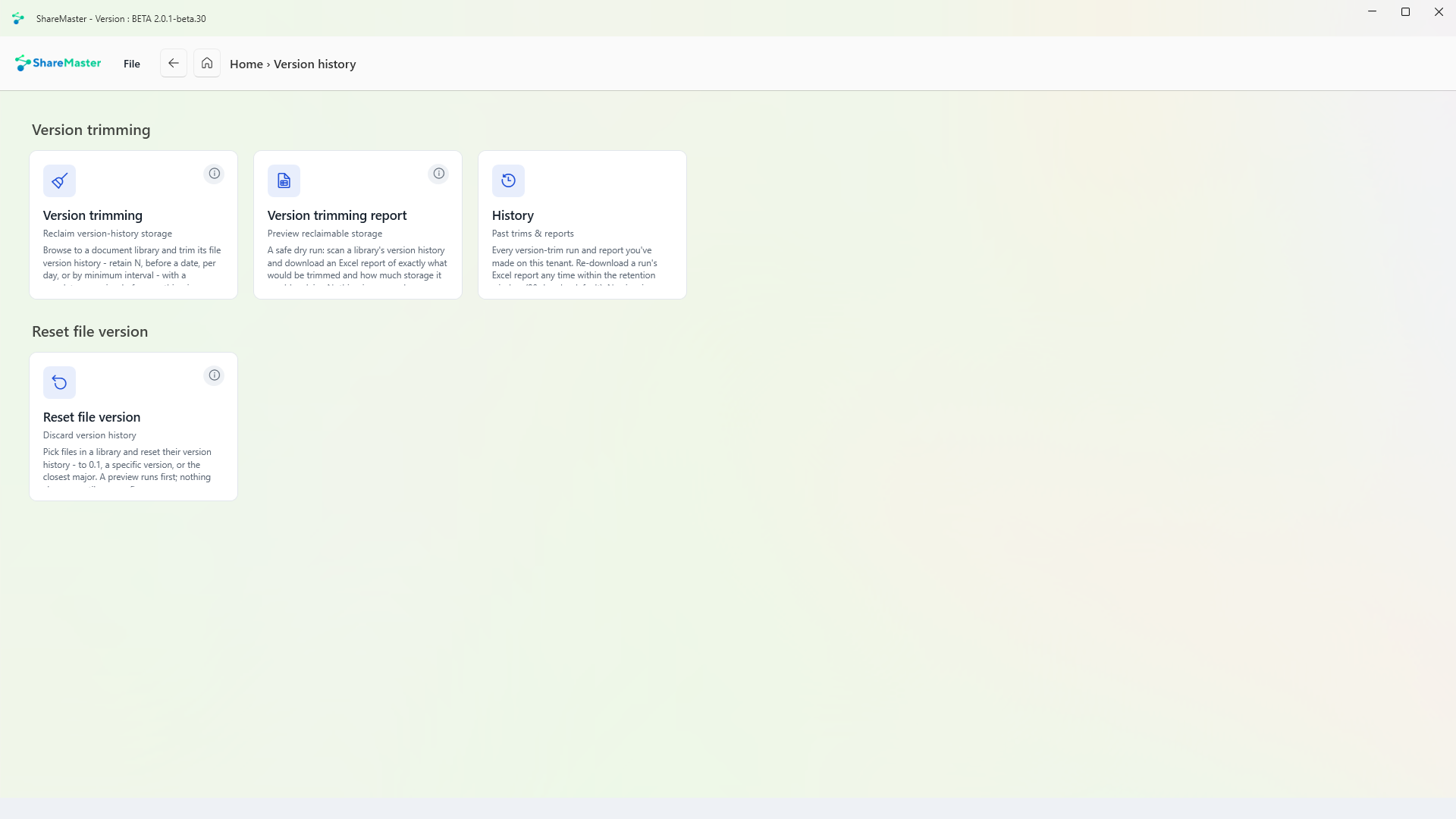 The Version History menu in ShareMaster, with a tile for each tool