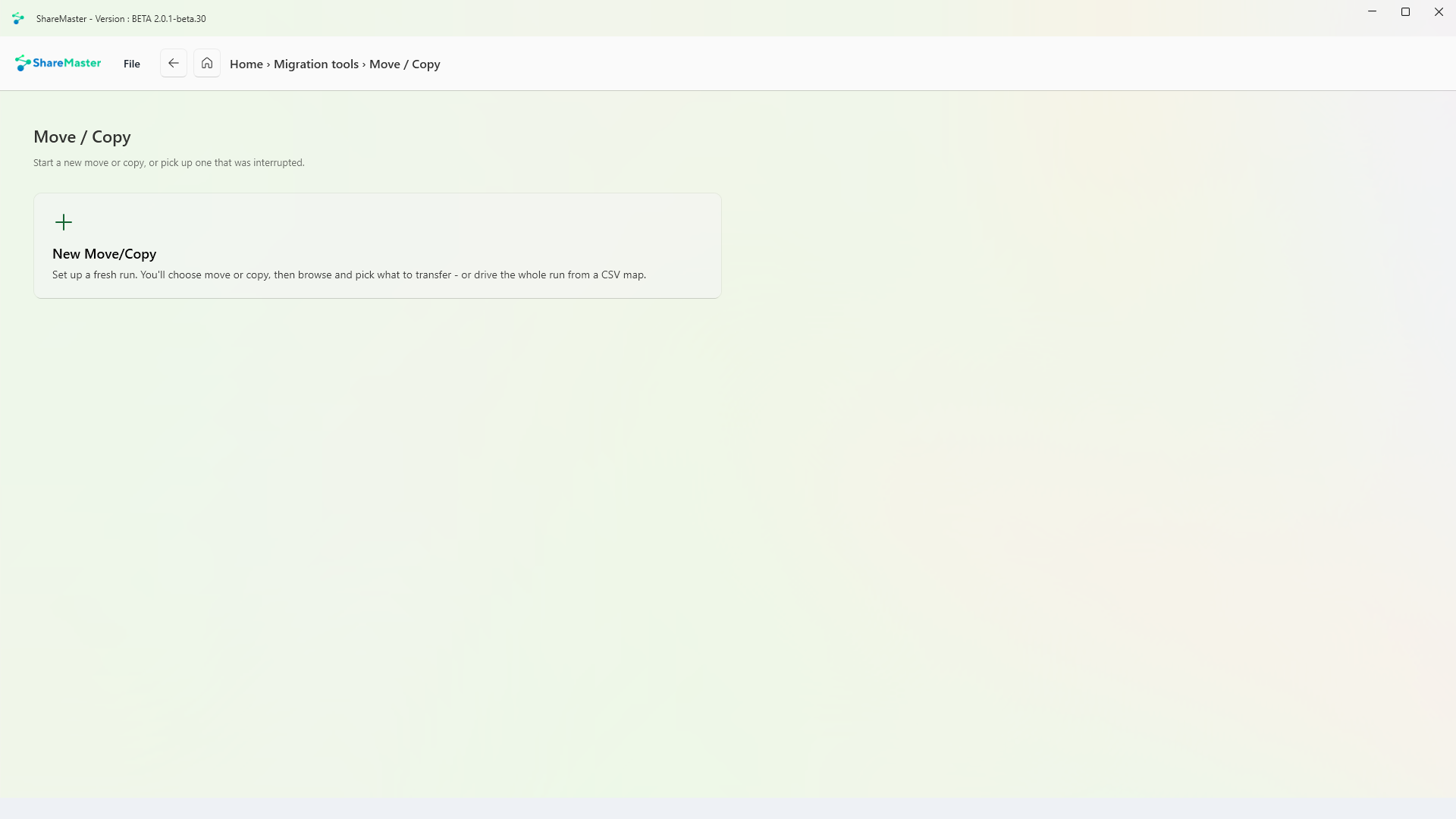 The Move / Copy start page in ShareMaster with a New Move/Copy button