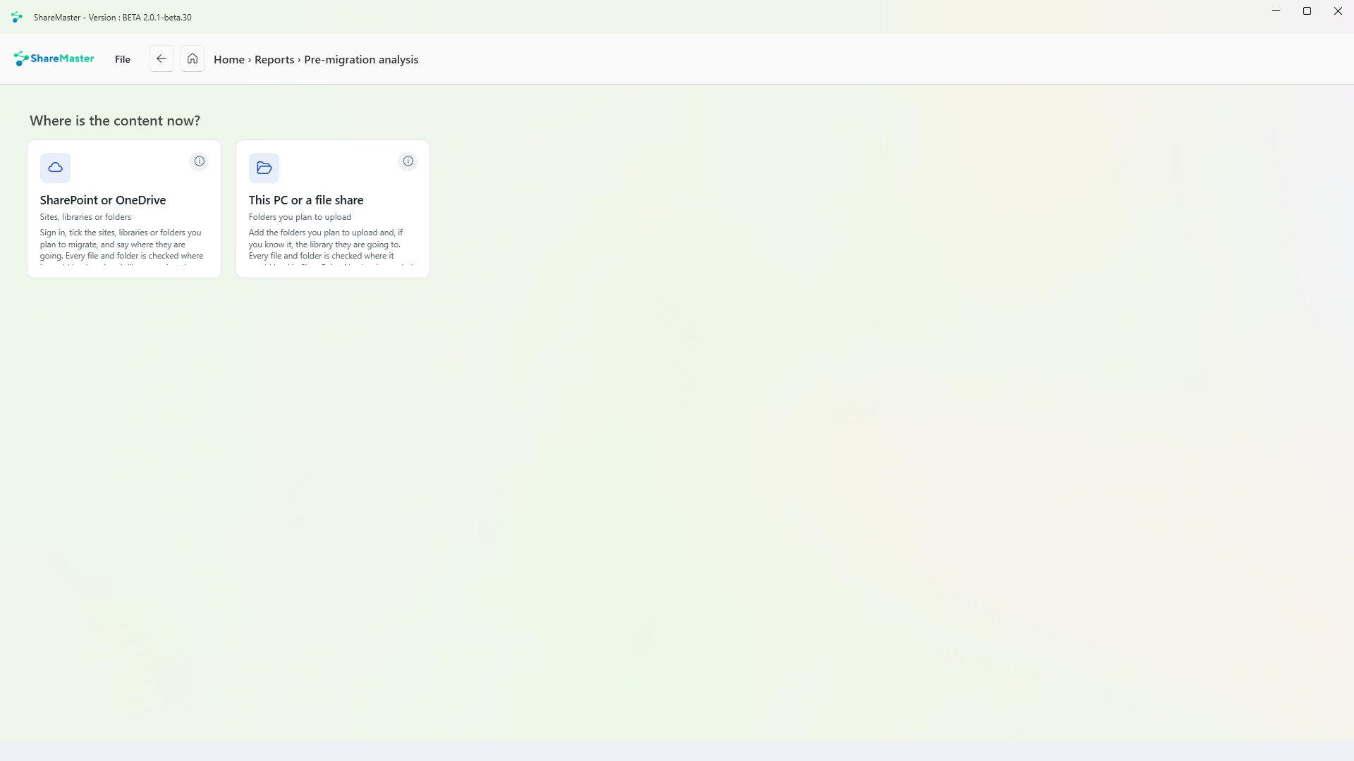 Pre-migration analysis: choose whether the content is in SharePoint or OneDrive, or on this PC or a file share